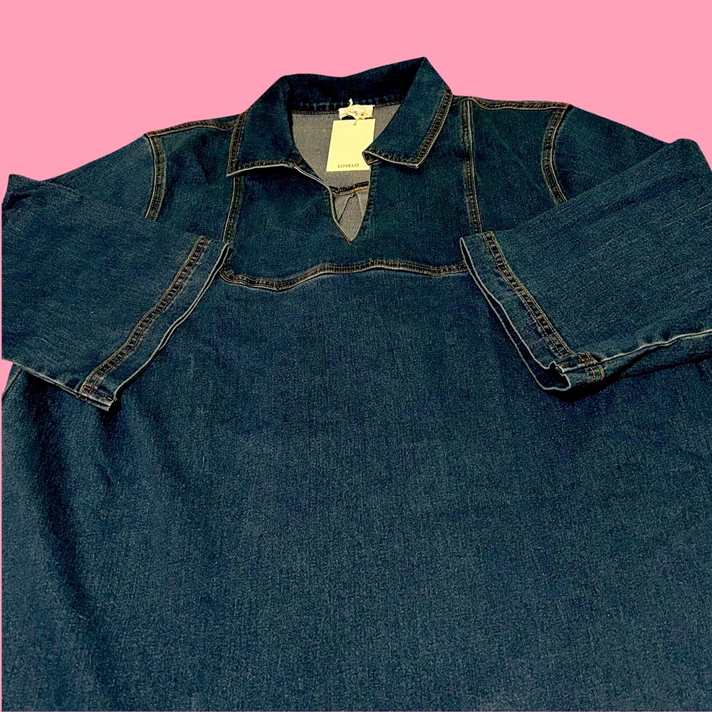 NWT. PRETTY SEASONAL DRESS W/ A HALF SLEEVE, V NECK,RUFFLE BOTTOM,STRETCHY DENIM - Picture 4 of 13